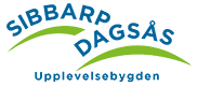 Sibbarp Dagsås logotyp, blå text på gröna kullar